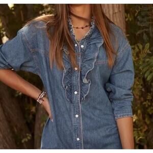 NWT Overlover Catalina Small Denim Ruffle Shirt‎ Dress Pearl Snap Button Front
